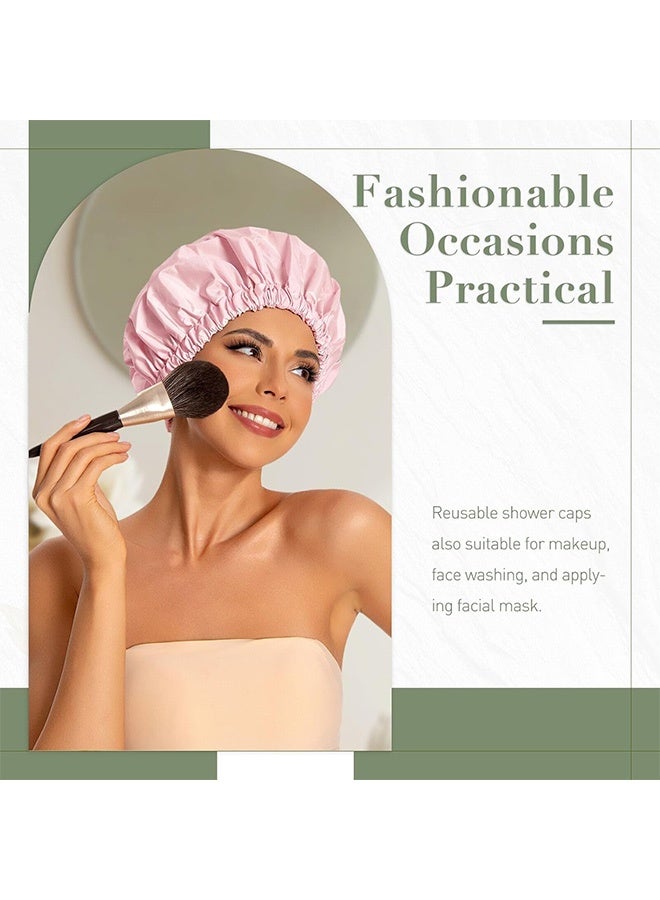 Reusable Shower Cap for Women, Large Waterproof Shower Essentials Bonnet Washable Elastic Band Bath Hair Wrap Hat for Long Hair, Braids(Pink&Black) - Image 2