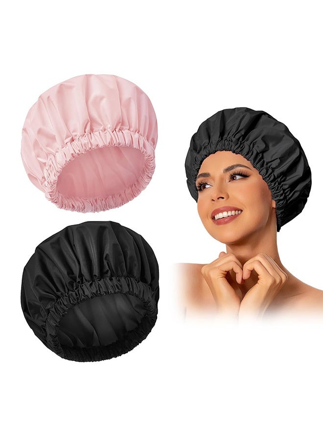 Reusable Shower Cap for Women, Large Waterproof Shower Essentials Bonnet Washable Elastic Band Bath Hair Wrap Hat for Long Hair, Braids(Pink&Black) - Image 1