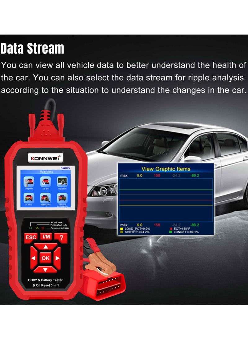Konnwei - ماسح ضوئي KW890 احترافي obdii، قارئ رمز تلقائي، ماسح ضوئي للسيارة + جهاز اختبار البطارية + أداة مسح وظيفة إعادة تعيين الزيت الخاصة لسيارات obd ii بعد عام 1996 (الأصلي) - Image 1