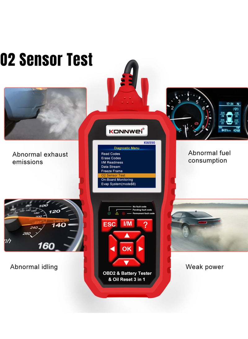 Konnwei - ماسح ضوئي KW890 احترافي obdii، قارئ رمز تلقائي، ماسح ضوئي للسيارة + جهاز اختبار البطارية + أداة مسح وظيفة إعادة تعيين الزيت الخاصة لسيارات obd ii بعد عام 1996 (الأصلي) - Image 1