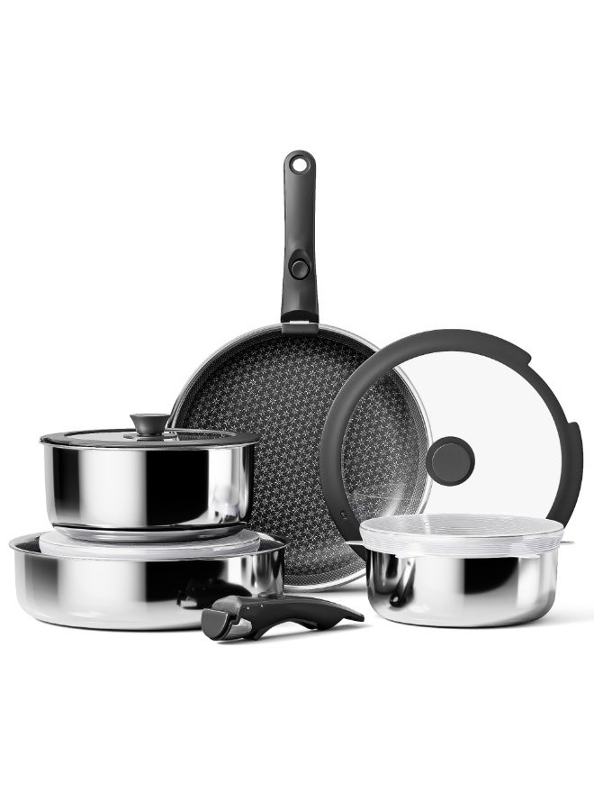 Caannasweis Detachable Nonstick Cookware Set - Stackable Induction Pots and Pans With Removable Handles, Dishwasher Safe - For RV Camping, Oven and Stovetop Use, 15 Pieces - Image 1