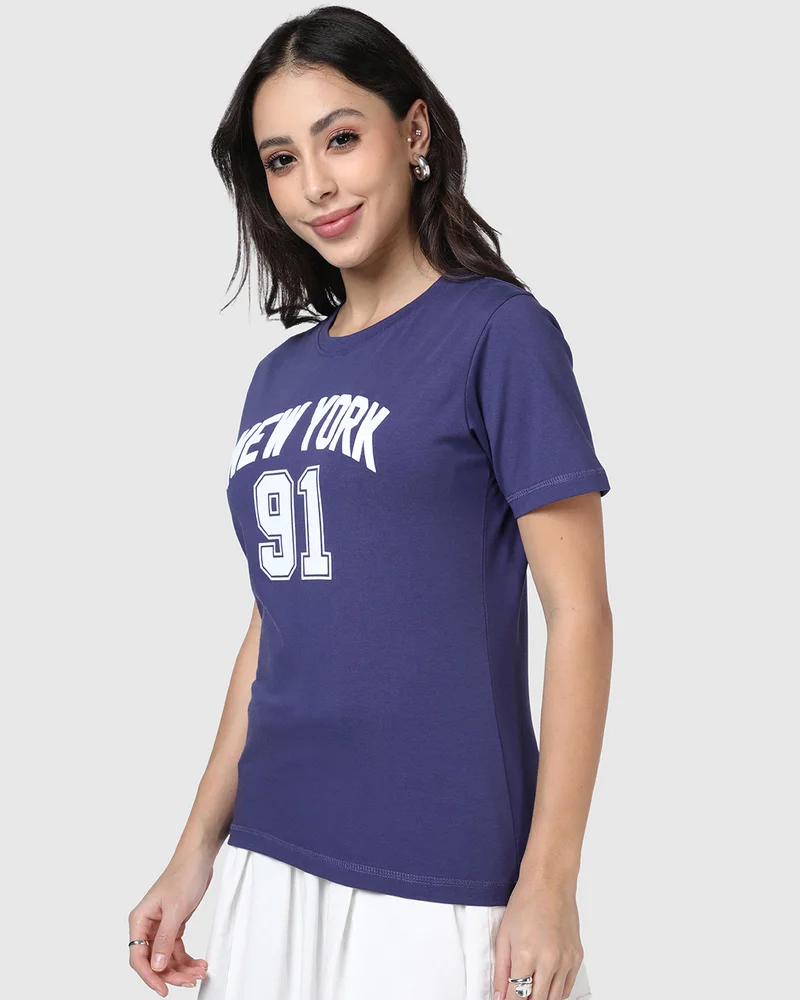 بيواكوف Women's Skipper Blue New York 91 Typography Cotton Elastane T-shirt