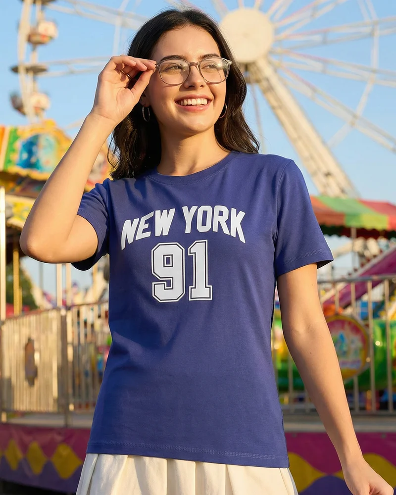 بيواكوف Women's Skipper Blue New York 91 Typography Cotton Elastane T-shirt