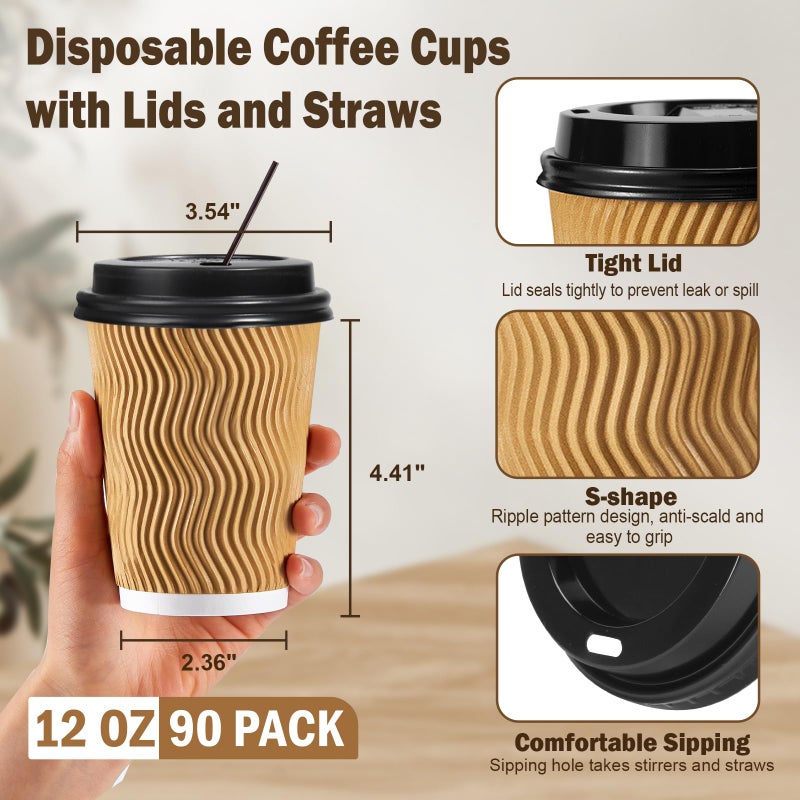 SIUQ 12 oz Coffee Cups-90 Pack Disposable Coffee Cups with Lids and Straws, Insulated Ripple Wall To Go Paper Coffee Cup for Coffee, Hot Chocolate and Hot Tea Drinks - Champagne - Image 2