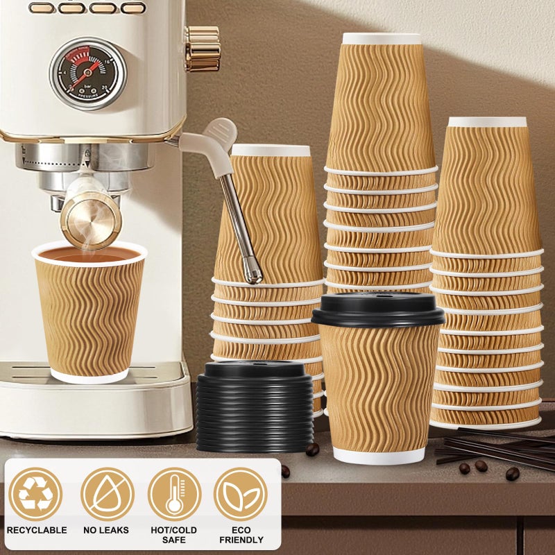 SIUQ 12 oz Coffee Cups-90 Pack Disposable Coffee Cups with Lids and Straws, Insulated Ripple Wall To Go Paper Coffee Cup for Coffee, Hot Chocolate and Hot Tea Drinks - Champagne - Image 5