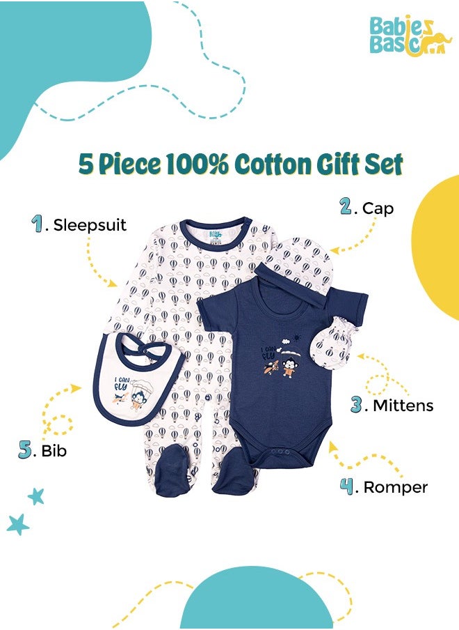 Babies Basic - 5 Piece Unisex 100% Cotton Gift Set Include Bib, Romper, Mittens, Cap And Sleepsuit/Jumpsuit- I Can Fly - Image 1
