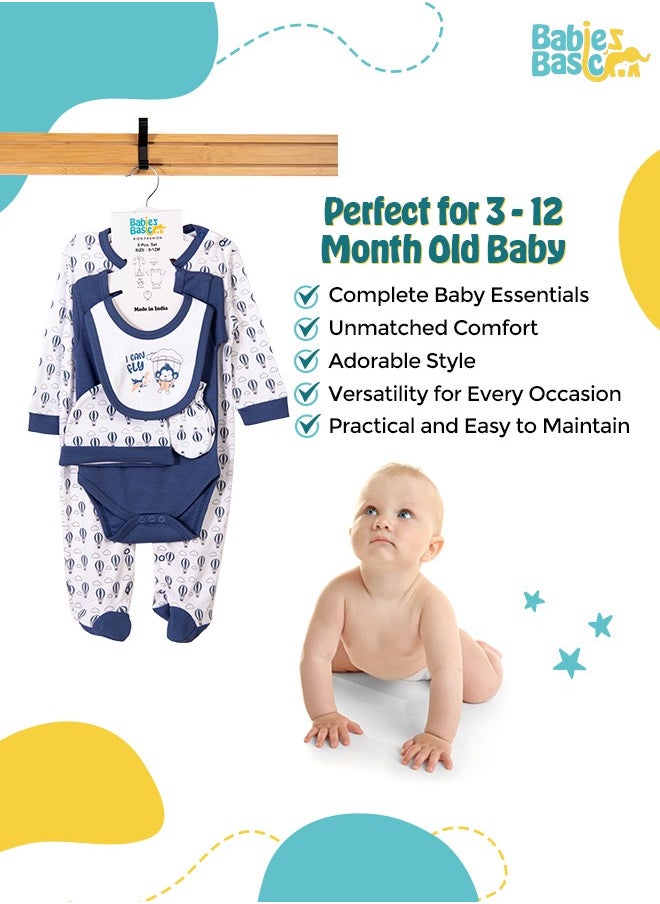 Babies Basic - 5 Piece Unisex 100% Cotton Gift Set Include Bib, Romper, Mittens, Cap And Sleepsuit/Jumpsuit- I Can Fly - Image 1