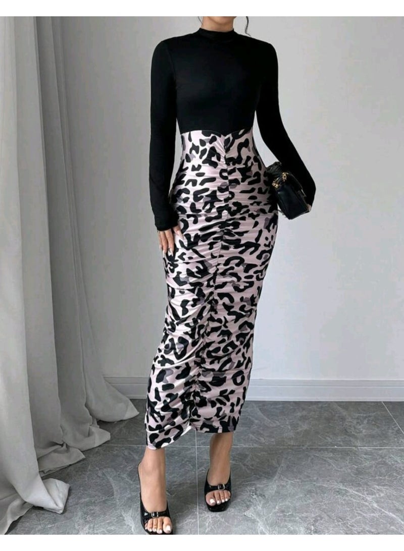 SHEIN Women's Solid Color Print Splicing Simple Daily Dress Maxi Women Outfit Fall Cloth For Women - Image 1