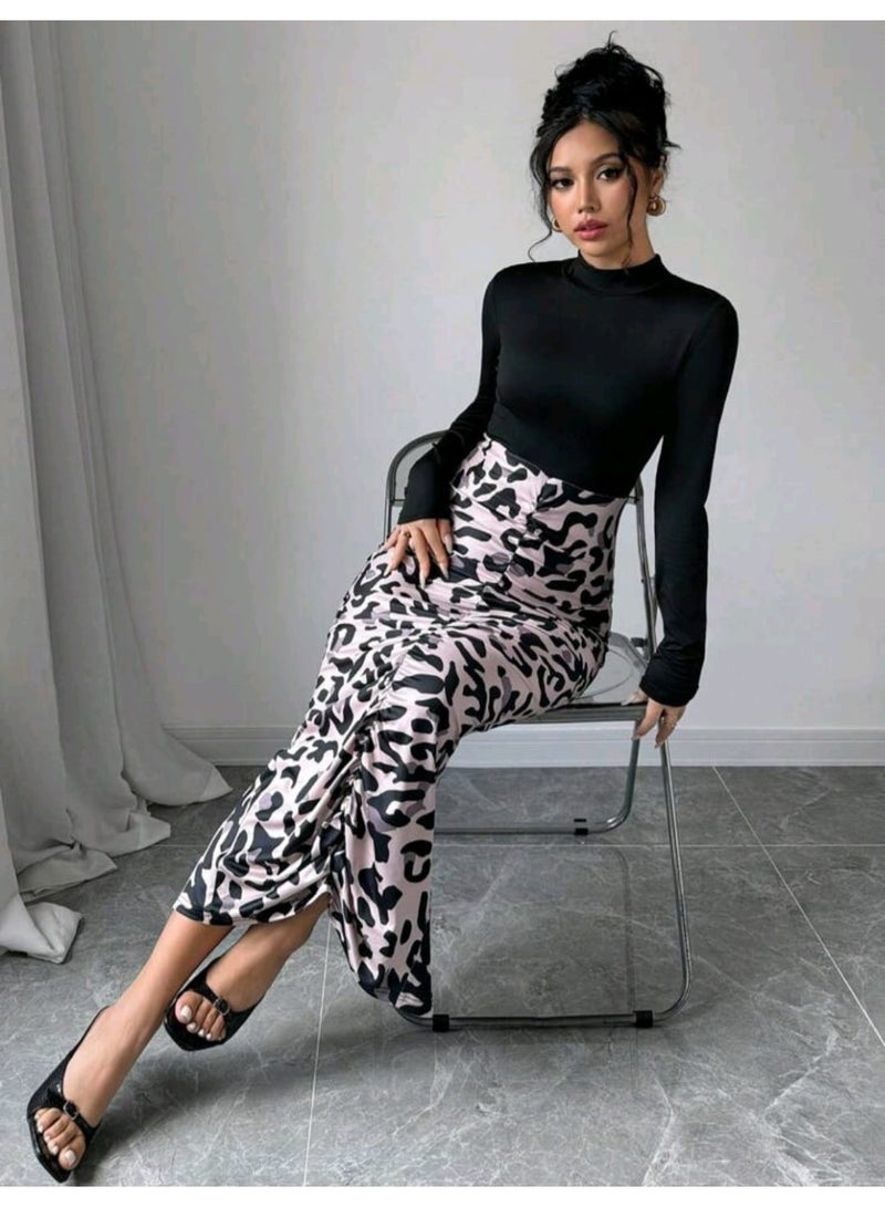 SHEIN Women's Solid Color Print Splicing Simple Daily Dress Maxi Women Outfit Fall Cloth For Women - Image 2