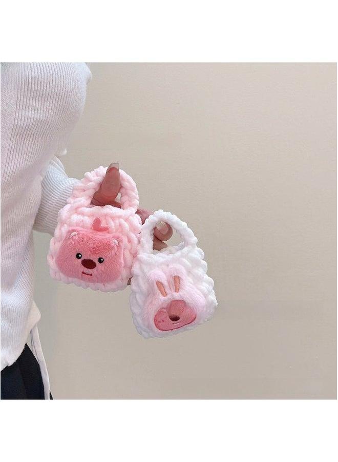 Pink Cute Cyber Red Bear Lion Wake Flower Plush Hand-woven Drop-resistant Headphone Bag Bluetooth Protective Cover Finished Product-Color:Blush Bunny Aqua Blue - Image 3