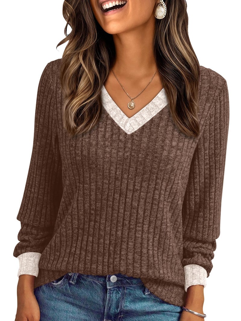 AUTOMET Womens V Neck Long Sleeve Shirt Fall Fashion Tops Tunic Dressy Casual Sweater Clothes Cute Trendy Work Outfits 2026 Brown Apricot L - Image 1
