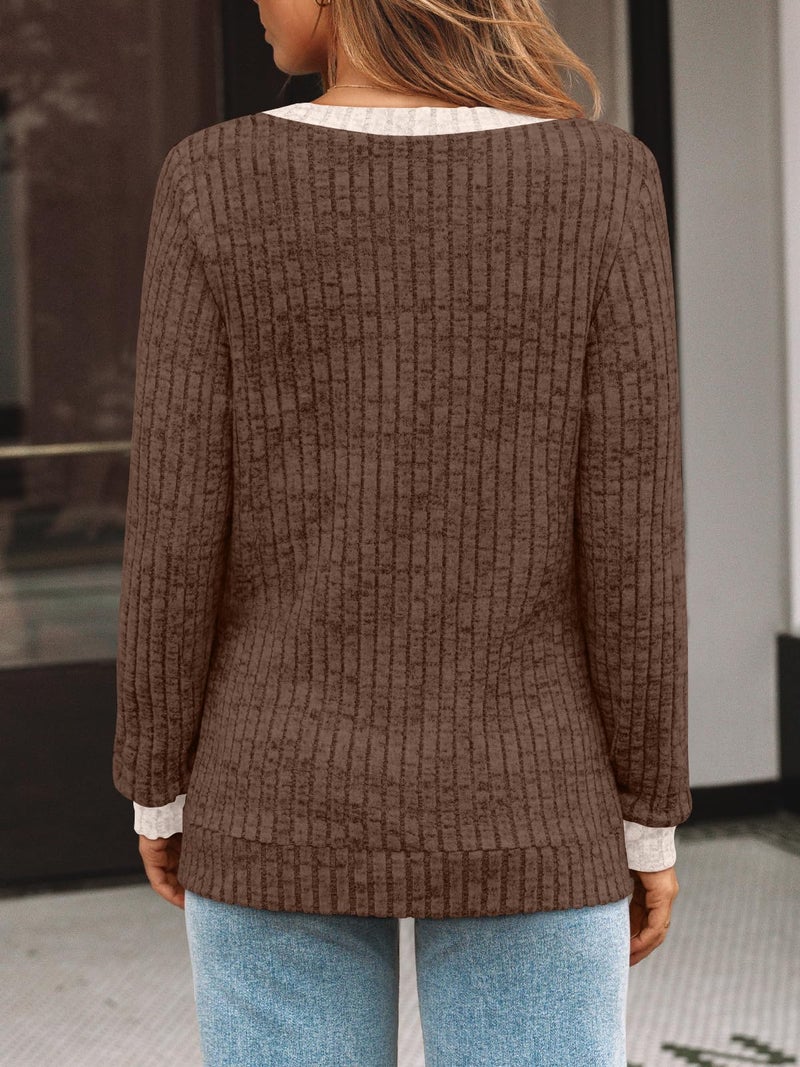 AUTOMET Womens V Neck Long Sleeve Shirt Fall Fashion Tops Tunic Dressy Casual Sweater Clothes Cute Trendy Work Outfits 2026 Brown Apricot L - Image 4