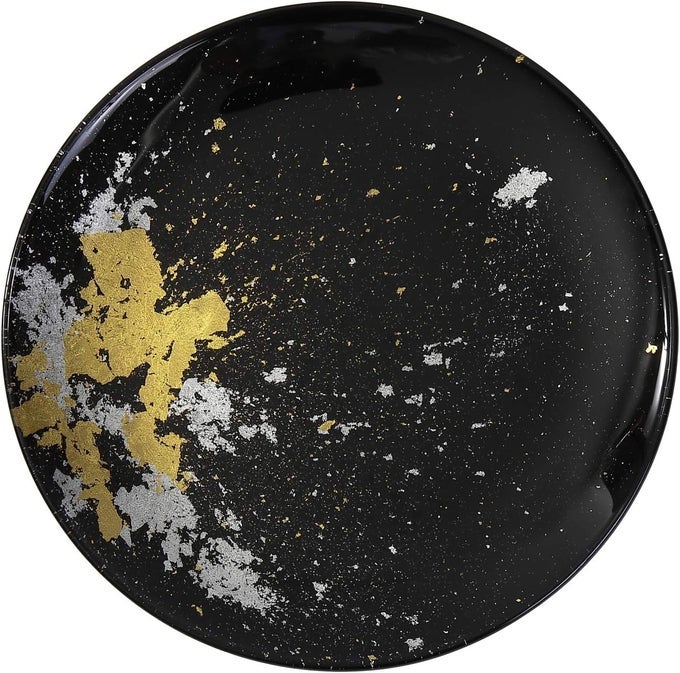 JAPANESE URUSHI GLASS FLAT DINNER PLATE 11INCH JET BLACK WITH GOLD LEAF DISHWASHER SAFE