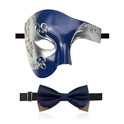 IncreDecor Masquerade Mask for Men Phantom of The Opera Half Face Mask with Bowtie, Venetian Masks for Halloween Party (Blue) - Image 1
