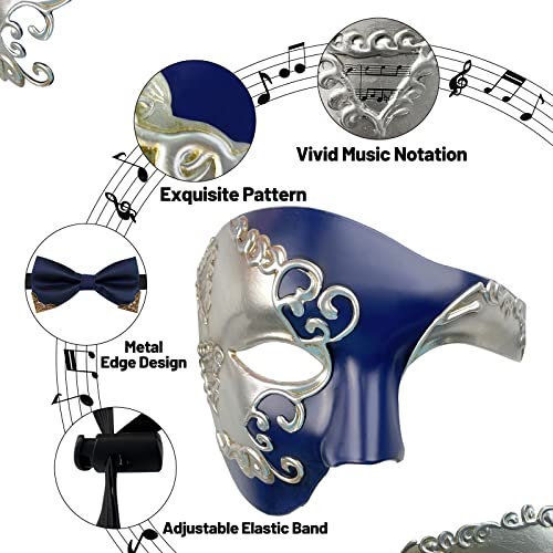 IncreDecor Masquerade Mask for Men Phantom of The Opera Half Face Mask with Bowtie, Venetian Masks for Halloween Party (Blue) - Image 3