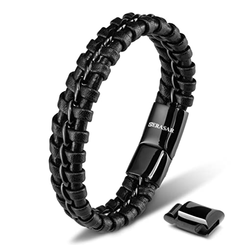 SERASAR 8″ Black Leather Bracelets for Men Mens Cowhide Gift Box Braided Bracelet Stainless Steel Jewelry Wrist Band Cuff Wrap Rope Bangle Dad Man Pulseras para Hombres Cuero Regalo - Image 1