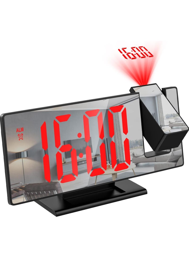 ساعة منبه إسقاط، أحدث ساعة منبه إلكترونية LED، ساعة منبه مرآة لغرفة النوم، ساعة عرض رقمية على جدار السقف مع شاشة كبيرة، درجة الحرارة، سطوع قابل للتعديل، قيلولة بعد الظهر