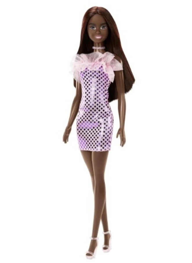 Mattel Games - Barbie Mini Glitz Doll Dresses Brunette with Purple Metallic Dress - Image 1
