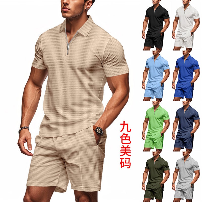 2026 Summer Men's Waffle Polo Short Sleeve Shorts Set - Image 3