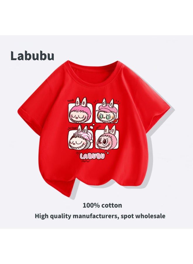 Cute Pink Labubu Short Sleeve Family Matching T-shirts, Mother-daughter/mother-son Cotton T-shirts For Family Of Three