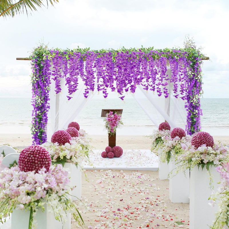 Sggvecsy 6Pcs Wisteria Garland Artificial Flowers Garland Fake Hanging Wisteria Vines Rattan Silk Hanging Flower Vines for Home Garden Outdoor Wedding Arch Party Ceremony Total 35.4Ft (Purple) - Image 3