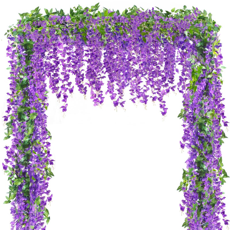 Sggvecsy 6Pcs Wisteria Garland Artificial Flowers Garland Fake Hanging Wisteria Vines Rattan Silk Hanging Flower Vines for Home Garden Outdoor Wedding Arch Party Ceremony Total 35.4Ft (Purple) - Image 1