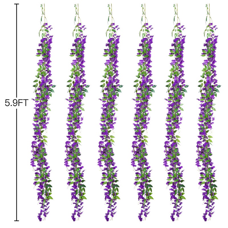 Sggvecsy 6Pcs Wisteria Garland Artificial Flowers Garland Fake Hanging Wisteria Vines Rattan Silk Hanging Flower Vines for Home Garden Outdoor Wedding Arch Party Ceremony Total 35.4Ft (Purple) - Image 5