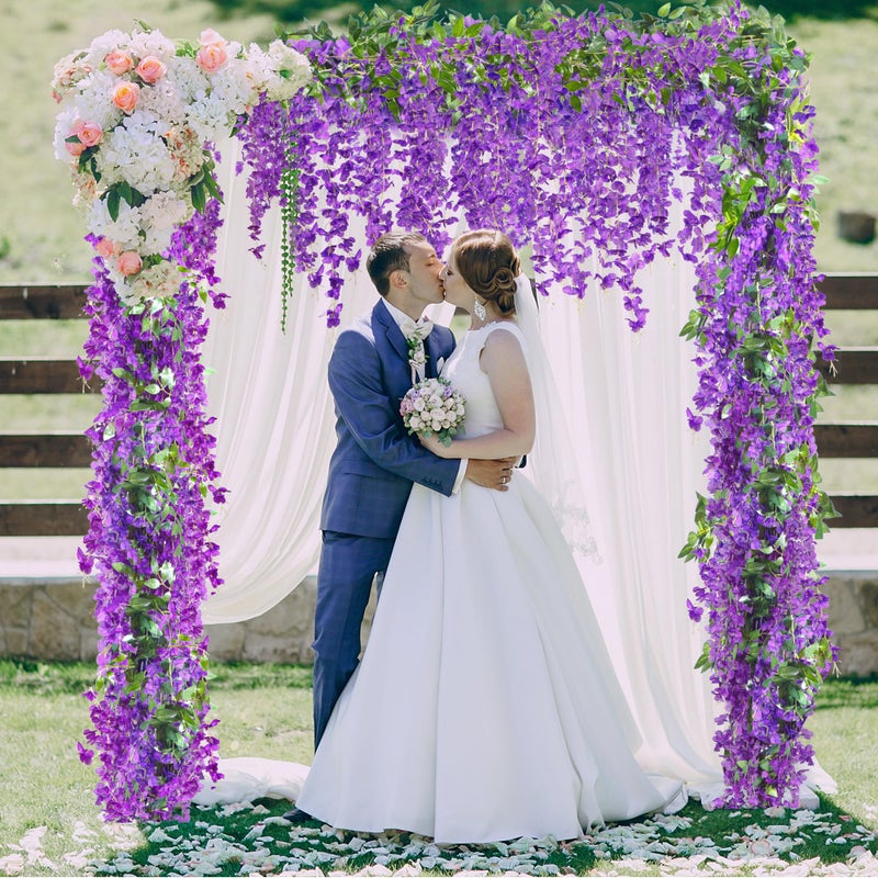 Sggvecsy 6Pcs Wisteria Garland Artificial Flowers Garland Fake Hanging Wisteria Vines Rattan Silk Hanging Flower Vines for Home Garden Outdoor Wedding Arch Party Ceremony Total 35.4Ft (Purple) - Image 4