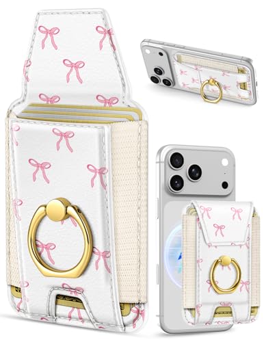 Shorogyt Compatible with Magsafe Wallet with Ring Grip Magnetic Card Holder - Cute Phone Wallets with Stand for iPhone 17/16/15/14/13/12 Series for Women Girls Bow Design, Fit 7 Cards - Image 1