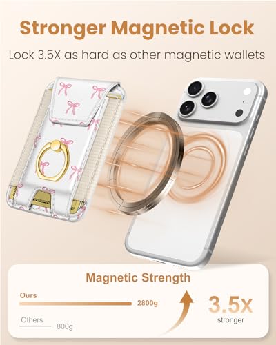Shorogyt Compatible with Magsafe Wallet with Ring Grip Magnetic Card Holder - Cute Phone Wallets with Stand for iPhone 17/16/15/14/13/12 Series for Women Girls Bow Design, Fit 7 Cards - Image 3
