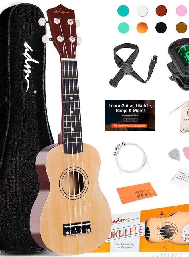 ADM Ukulele for Beginners Hawaiian Wood Ukelele Kit for Kids Adult Student Starter Professional Ukalelee Pack Bundle with Free Lessons Gig Bag Strap Nylon String Tuner (Natural, 21 Inch) - Image 1