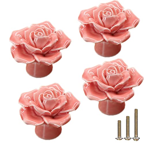 ESreake 4-Pack Rose Ceramic Knobs, Rose Flower Ceramic Vintage Pulls Kitchen Cabinet Dressing Table Dresser Handles with 3 Size Screws for Girl's Room Dresser Cupboard Wardrobe (4, Pink) - Image 1
