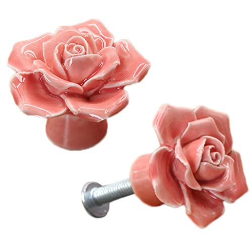 ESreake 4-Pack Rose Ceramic Knobs, Rose Flower Ceramic Vintage Pulls Kitchen Cabinet Dressing Table Dresser Handles with 3 Size Screws for Girl's Room Dresser Cupboard Wardrobe (4, Pink) - Image 3