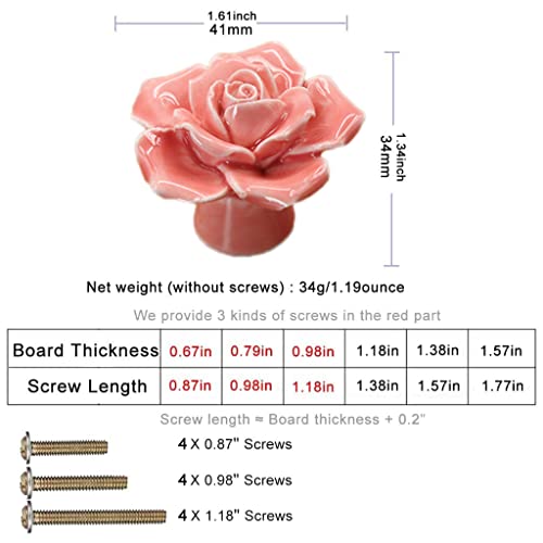 ESreake 4-Pack Rose Ceramic Knobs, Rose Flower Ceramic Vintage Pulls Kitchen Cabinet Dressing Table Dresser Handles with 3 Size Screws for Girl's Room Dresser Cupboard Wardrobe (4, Pink) - Image 2