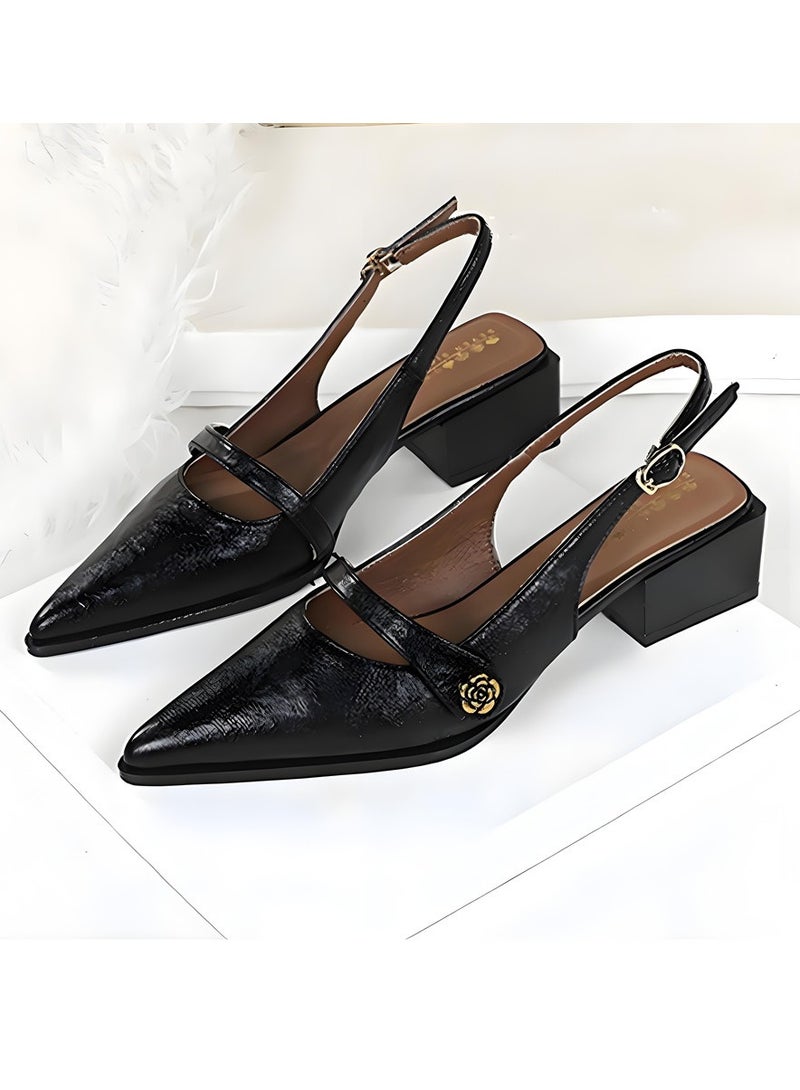 بيج تري النساء منخفضة كتلة كعب الأحذية مع حزام الكاحل مريحة مغلقة موجهة إصبع القدم ساندال أسود - Image 2