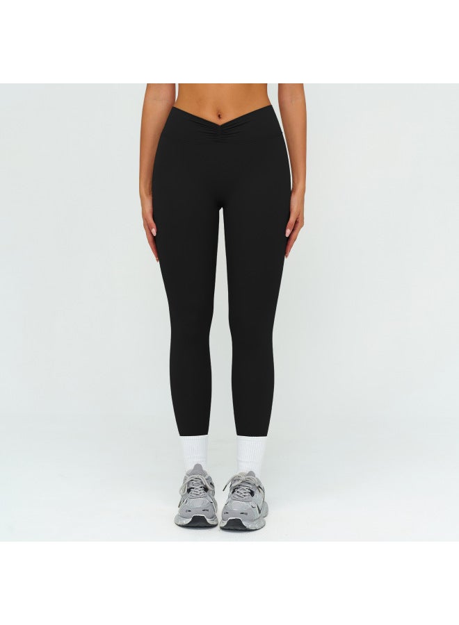 European And American Yoga Pants Brushed High-waist Pleated Tight Pants Outdoor Sports Running Fitness Pants 9313