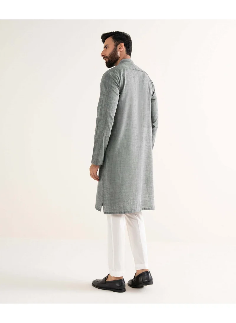 BAZM BAZM Menswear Men's Traditional Grey Kurta with Embroidered Placket Regular Fit