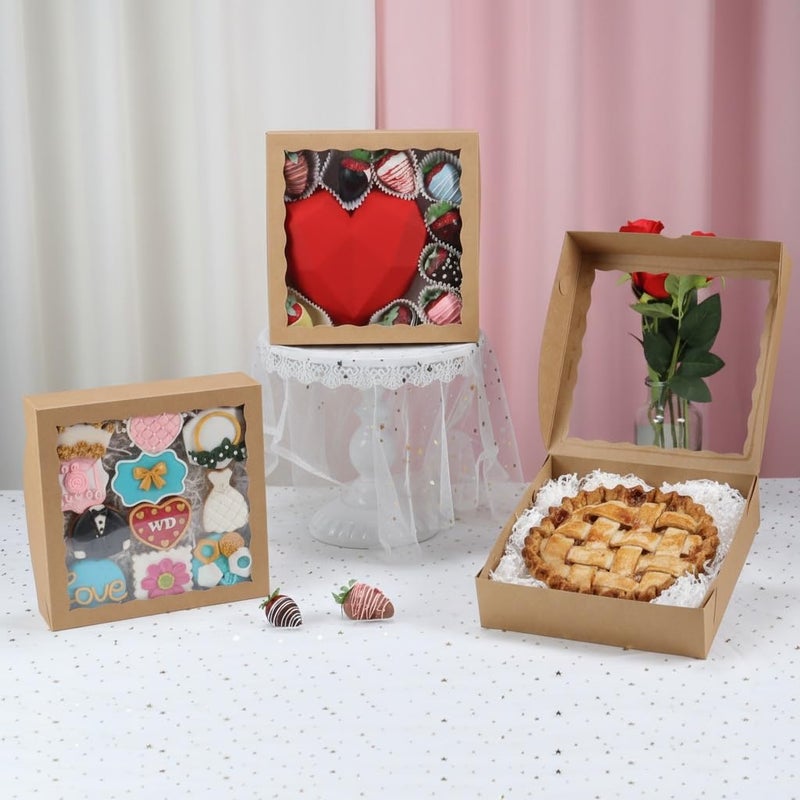 SLShePack 12Pack 9x9x2.5 Inches Kraft Brown Bakery Boxes,Pie Boxes with Clear Window Treat Boxes for Chocolate Strawberries, Pastries, Muffins, Donuts,Cookie,Breakable Heart - Image 5