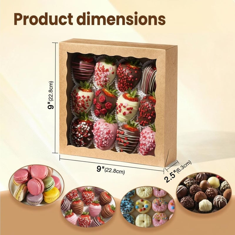 SLShePack 12Pack 9x9x2.5 Inches Kraft Brown Bakery Boxes,Pie Boxes with Clear Window Treat Boxes for Chocolate Strawberries, Pastries, Muffins, Donuts,Cookie,Breakable Heart - Image 4