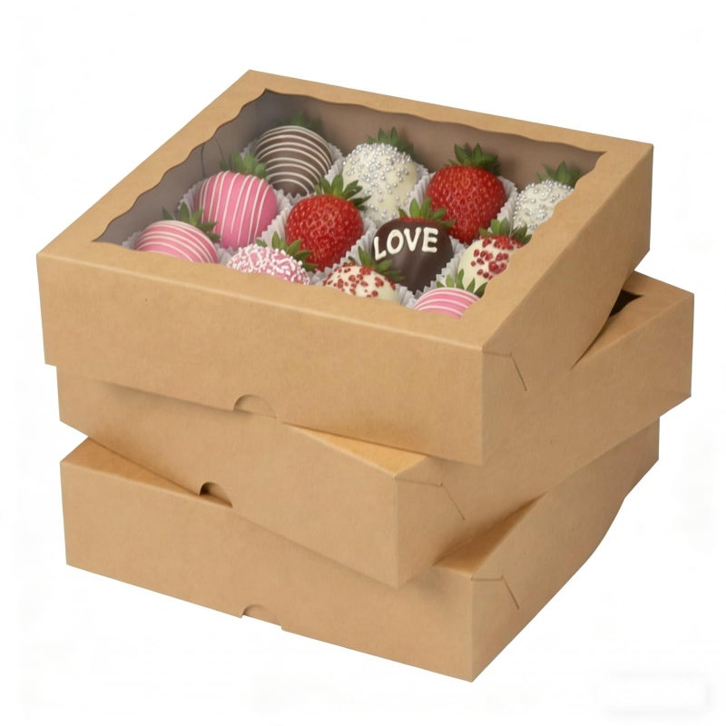 SLShePack 12Pack 9x9x2.5 Inches Kraft Brown Bakery Boxes,Pie Boxes with Clear Window Treat Boxes for Chocolate Strawberries, Pastries, Muffins, Donuts,Cookie,Breakable Heart - Image 1