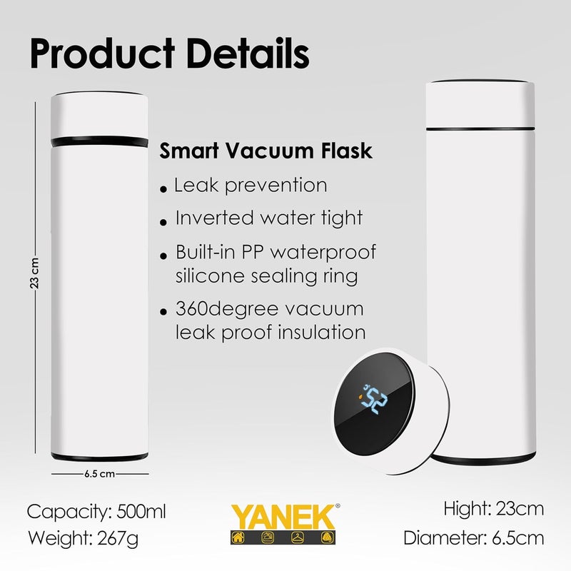 YANEK Smart Water Bottle Stainless Steel – Travel Mug with Smart LCD Touch Screen Temperature Display, Leak-Proof, Hot & Cold Beverage Flask, Ideal for Travel, Gym, Office, & Daily Use (WHITE) - Image 4