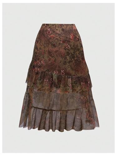 WDIRARA Women's Plus Size Boho Hippie Asymmetrical Skirt Paisley Floral Layered Ruffle High Low Long Skirts Brown 3X-Large Plus - Image 2