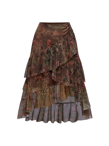 WDIRARA Women's Plus Size Boho Hippie Asymmetrical Skirt Paisley Floral Layered Ruffle High Low Long Skirts Brown 3X-Large Plus - Image 5