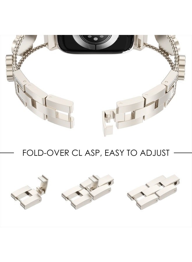 NewWays Compatible for Apple Watch Band 41mm 40mm 38mm Series7 SE 6 5 4 3, Jewelry Bracelet for iWatch Band Womens, Starlight Link with White Leather - Image 3