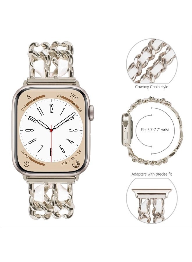 NewWays Compatible for Apple Watch Band 41mm 40mm 38mm Series7 SE 6 5 4 3, Jewelry Bracelet for iWatch Band Womens, Starlight Link with White Leather - Image 2