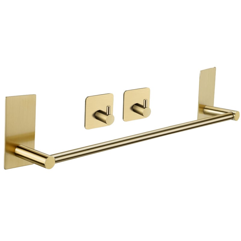 Taozun Golden Towel Bar Set- Self Adhesive Towel Holder + 2 Packs Towel Hooks Bathroom Accessories, 16-Inch Towel Rack for Bathroom Stainless Steel Brushed Brass New - Image 5