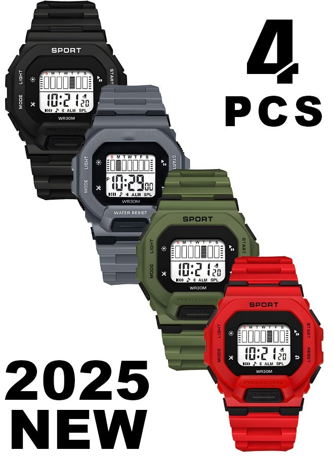 كوبوس ٤ قطع ساعات أطفال للأولاد والبنات، متعددة الوظائف مقاومة للماء للأطفال، ساعة رقمية للتوقيت (أحمر أسود أخضر رمادي) - Image 1
