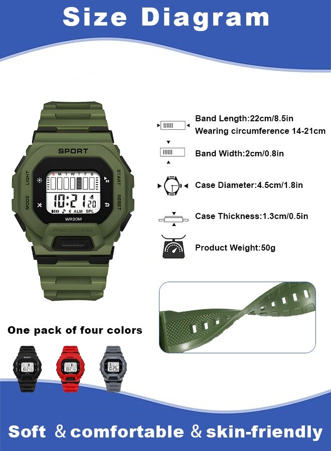كوبوس ٤ قطع ساعات أطفال للأولاد والبنات، متعددة الوظائف مقاومة للماء للأطفال، ساعة رقمية للتوقيت (أحمر أسود أخضر رمادي) - Image 5
