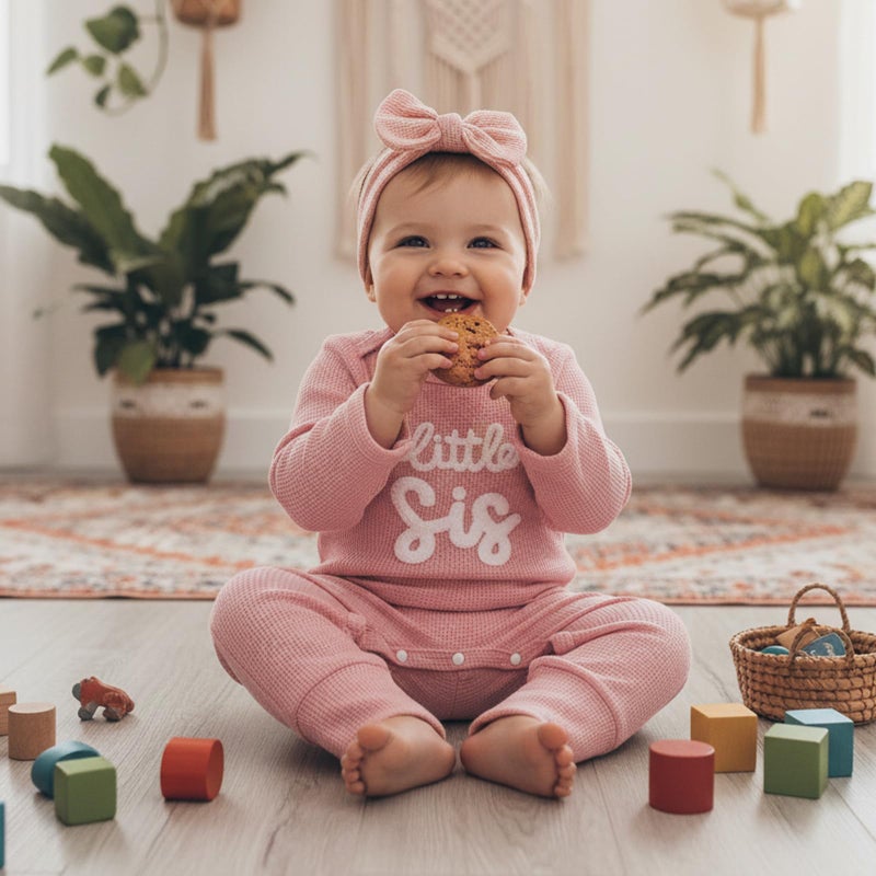 allshope Infant Baby Girl Fall Outfit Sweatshirt Romper Little Sister Lil Sis Long Sleeve Jumpsuit Newborn Clothes (Waffle Little Sis Pink, Newborn) - Image 3