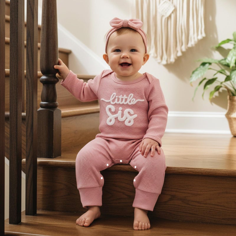 allshope Infant Baby Girl Fall Outfit Sweatshirt Romper Little Sister Lil Sis Long Sleeve Jumpsuit Newborn Clothes (Waffle Little Sis Pink, Newborn) - Image 2